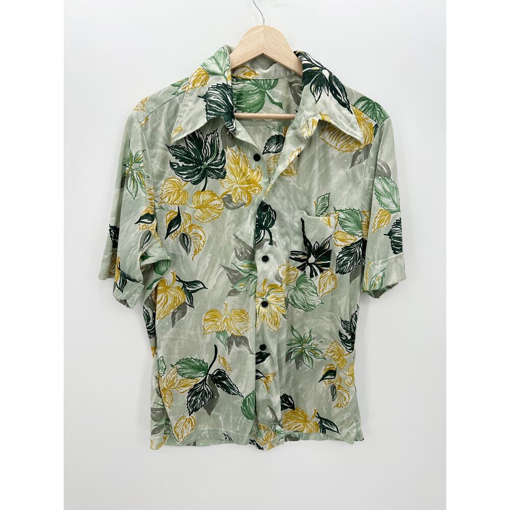 Vtg Green Button Down Tropical Short Sleeve Shirt Mens Size L Antron Nylon